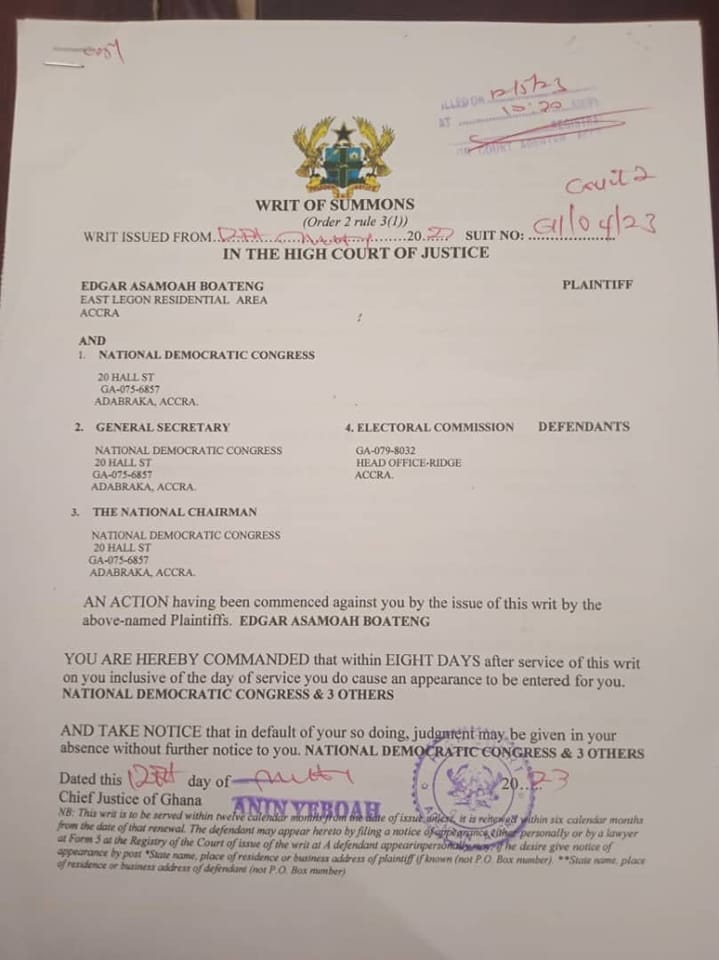 The suit filed by Edgar Asamoah Boateng to injunct the NDC primaries.