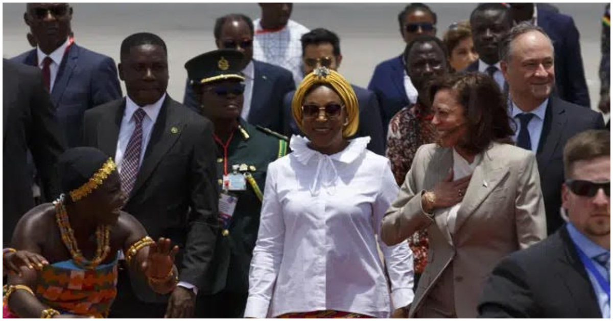 Shirley Ayorkor Botchwey Rocks White Shirt And Kente Skirt To Welcome Vice President Kamala Harris To Ghana