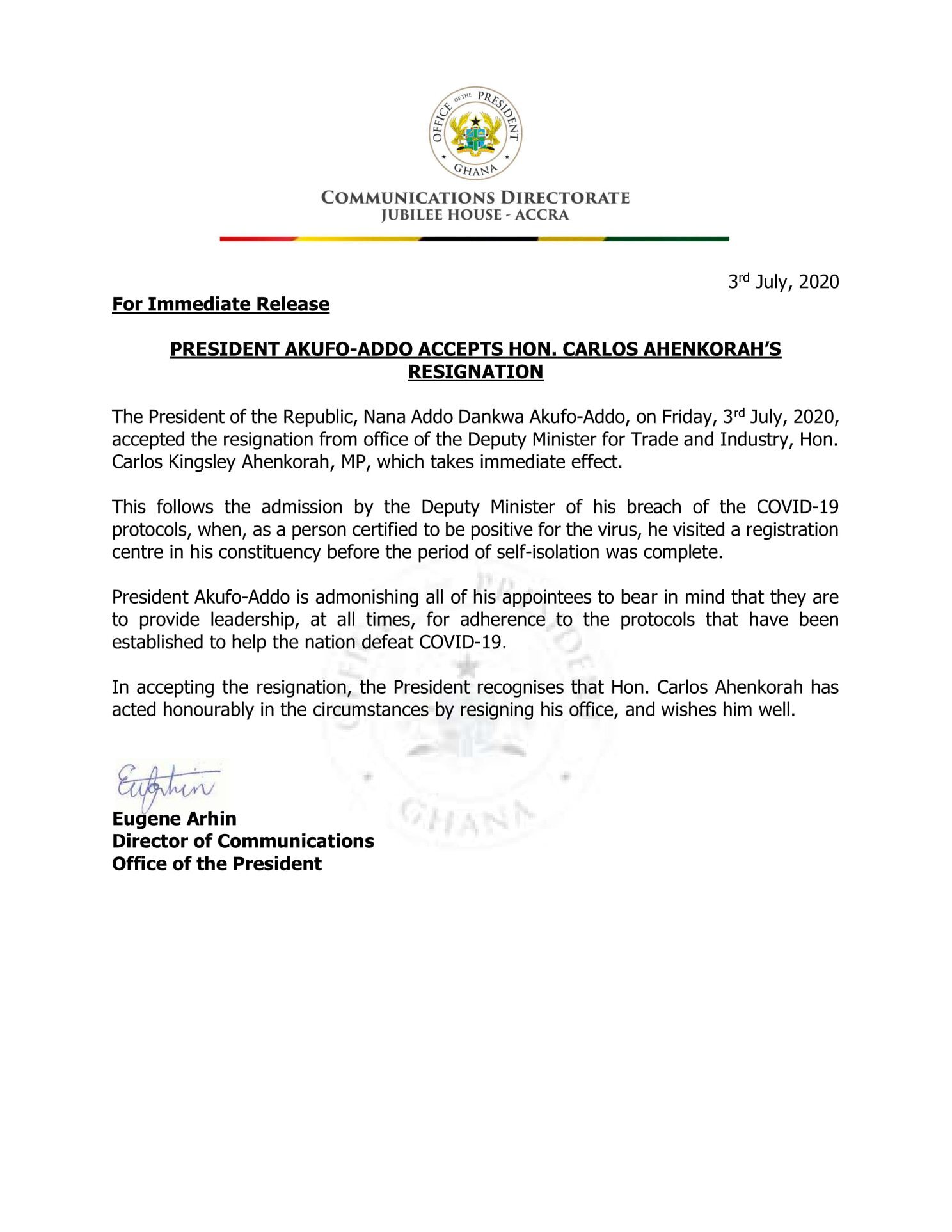 Breaking: Carlos Ahenkorah resigns after Akufo-Addo's orders