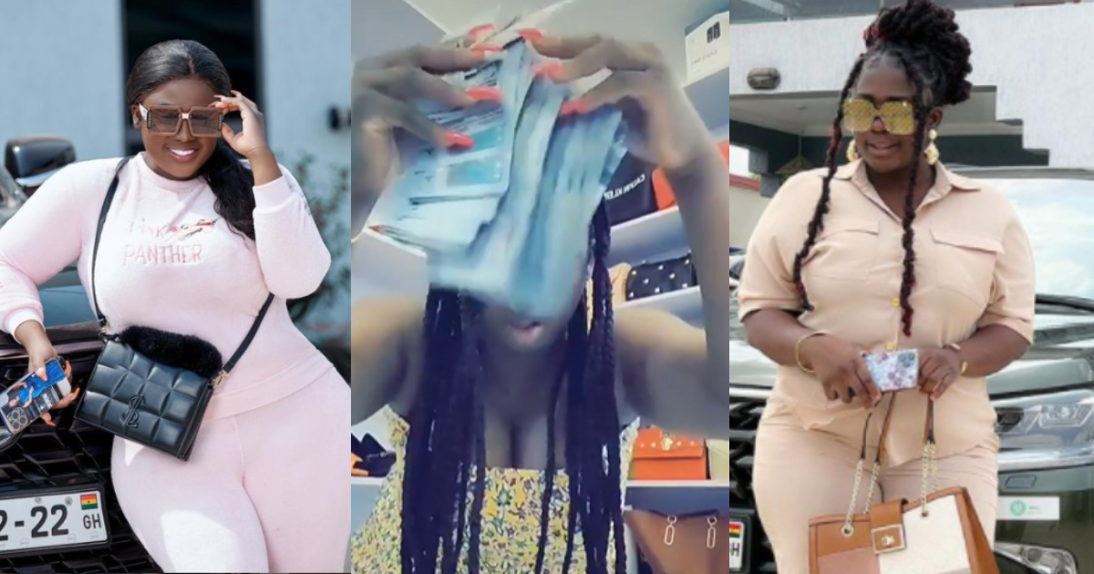 Tracey Boakye opens her closet to show her uncountable shoes and bags; rains dollar notes in new video