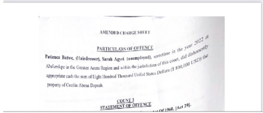 This portion of the amended charge sheet names Cecilia Dapaah as the owner of the stolen $800K.