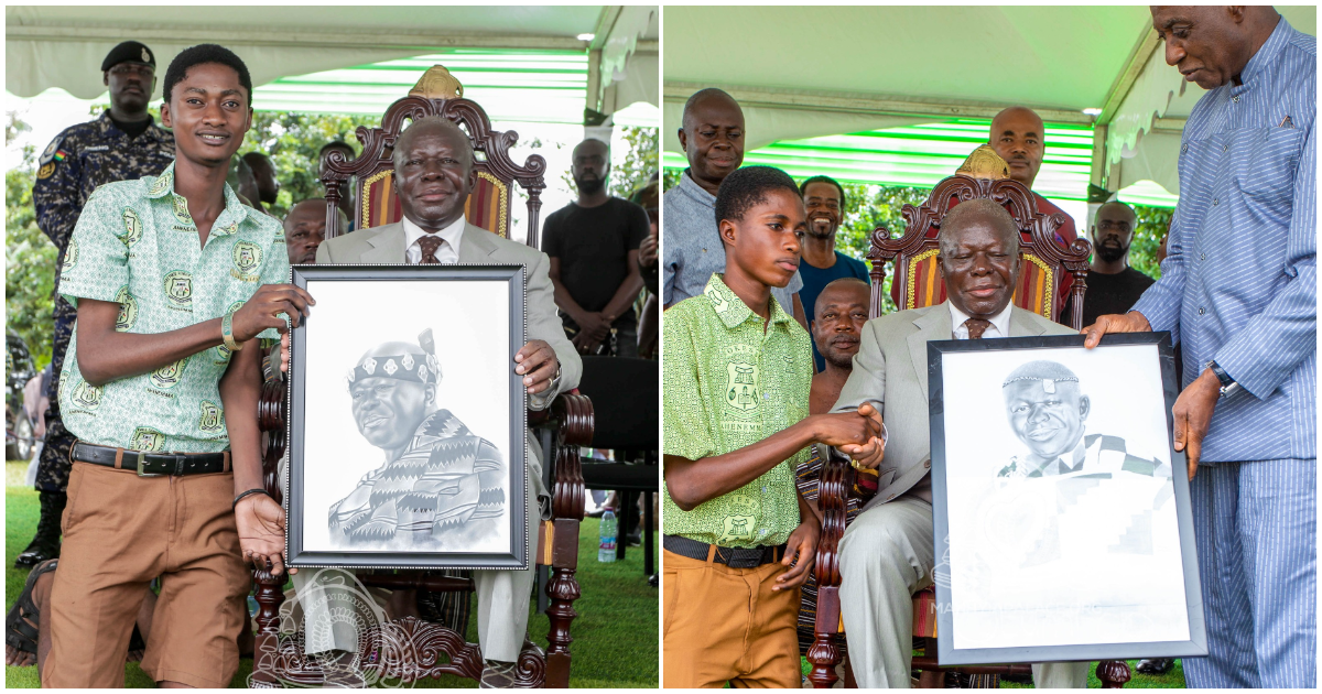 Great work: Talented SHS boy make beautiful pencil portraits of Otumfuo, photos warm hearts as the King receives them