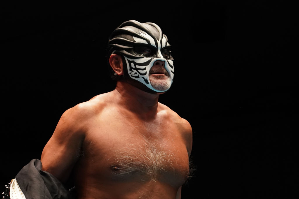 The Great Muta in his black and white mask during the Pro-Wrestling 'Dradition' - Tatsumi Fujinami 50th Anniversary