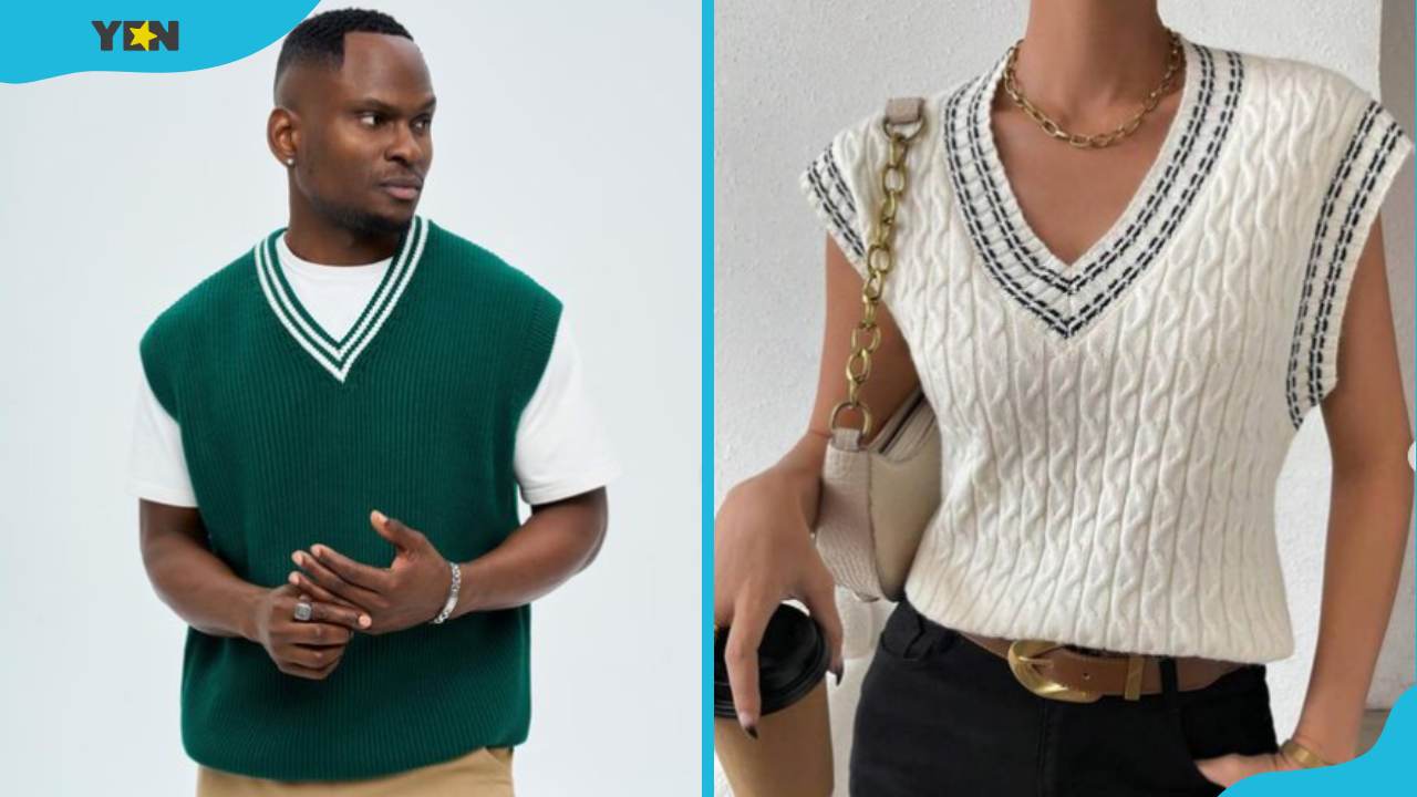 A man and a woman in sweater vests.