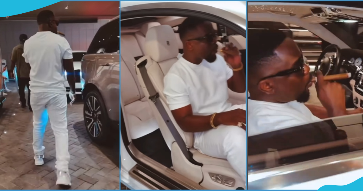 Sarkodie rides in all-white Rollce Royce; puffs thick smoke out of cigar