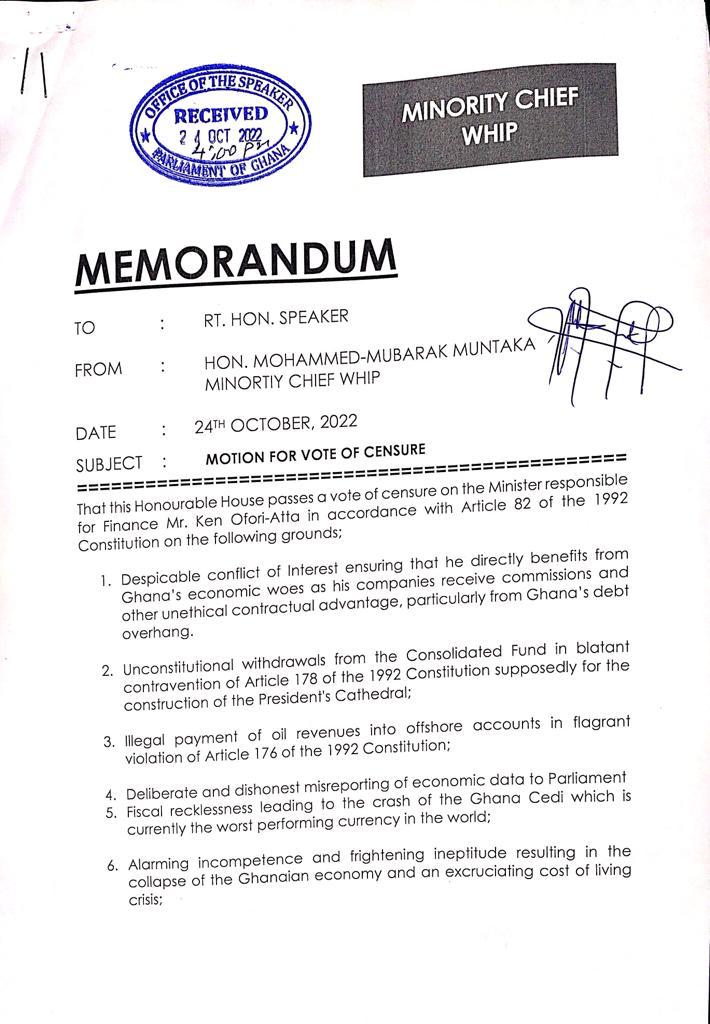Memo on the vote of censure motion against Ofori-Atta