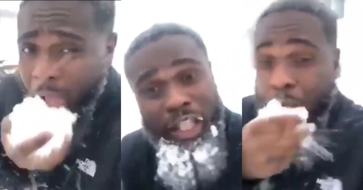 Ghanaian man causes stir in America as he chews snow like gari in new video