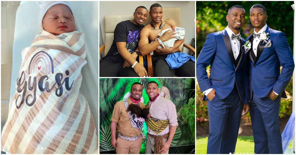 Photos of gay couple and their child.