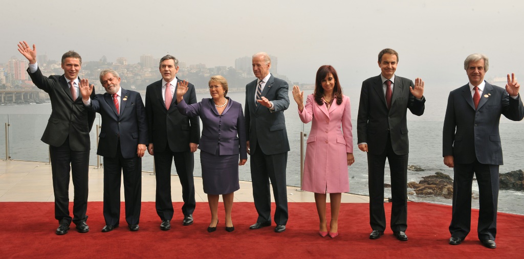 Brazilian President Luiz Inacio Lula Da Silva (second from left) and then US Vice President Joe Biden (center) attend the Progressive Governance Leaders' Summit in Vina del Mar, Chile in 2009