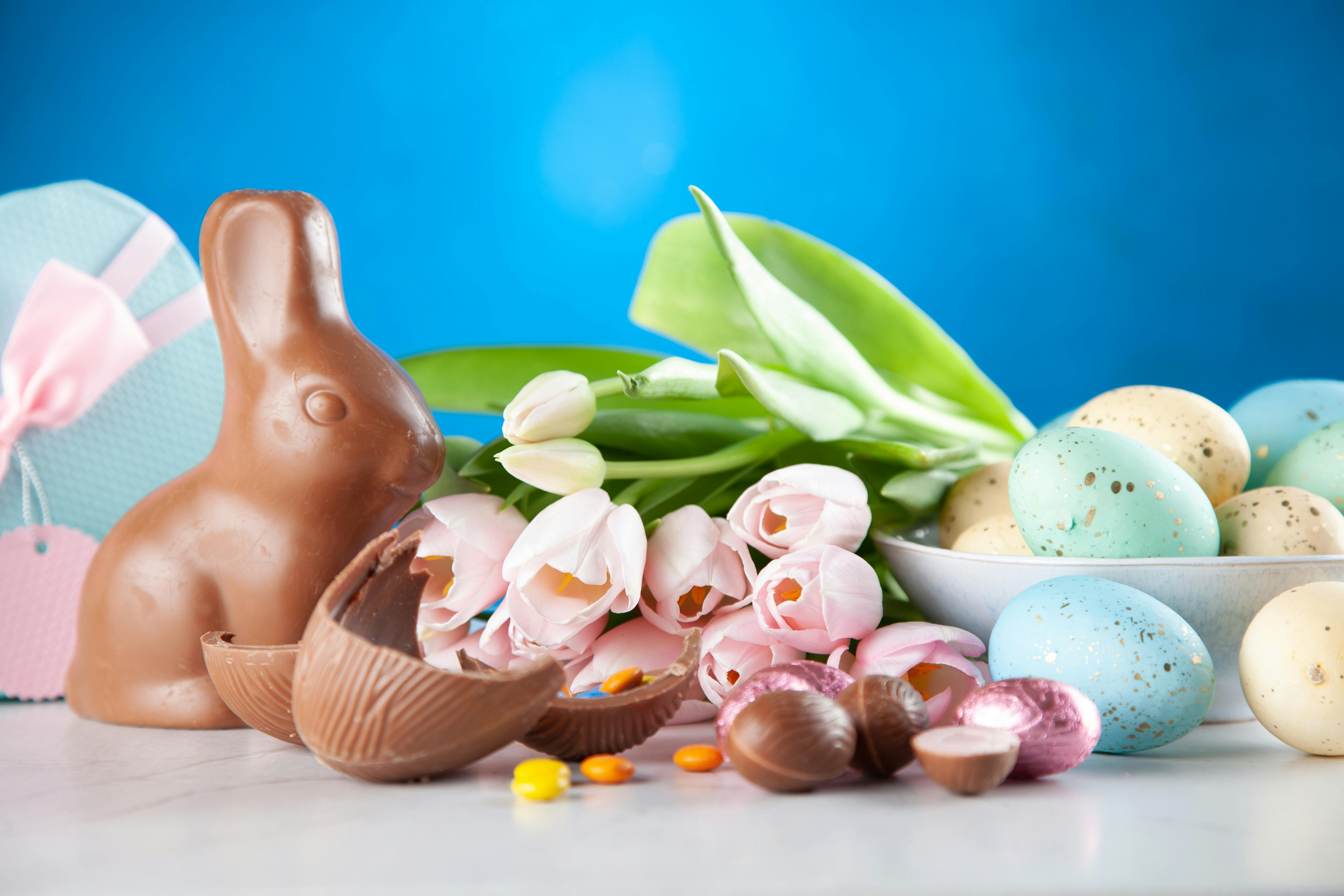 A rabbit figure, tulips, and coloured eggs