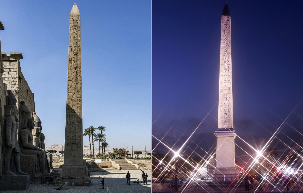Far from home: The sister obelisk of this one in Luxor, Egypt (left) stands in Paris (right) after being given to France