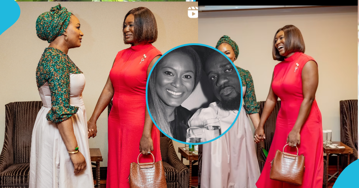 Sarkodie's wife slays in a red backless dress as she meets Samira Bawumia, repeats her GH¢11,500 Valentino Garavani shoes
