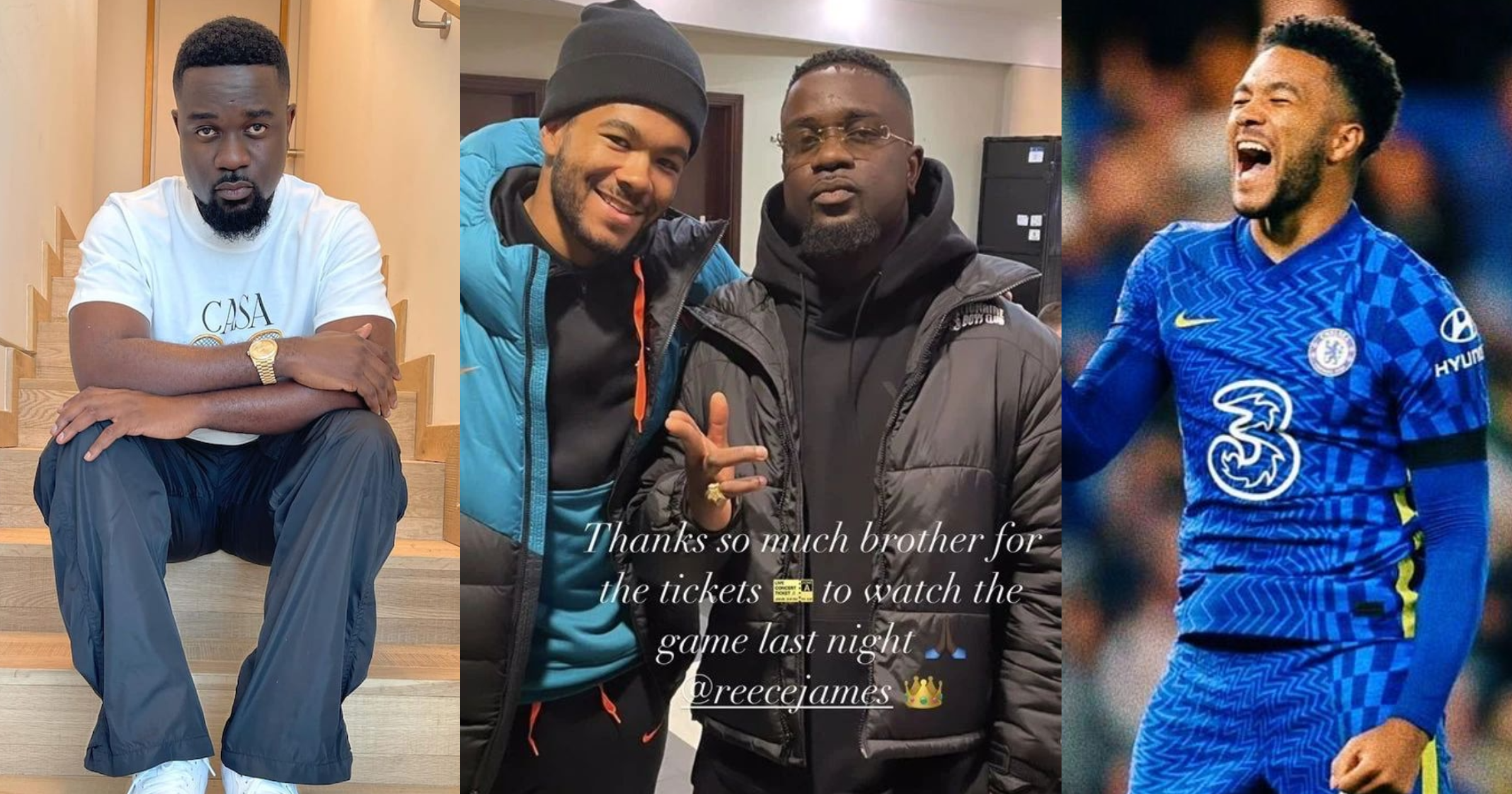 Sarkodie hangs out with Chelsea defender Reece James at Stamford Bridge after UEFA Champions League match, photo, video drop