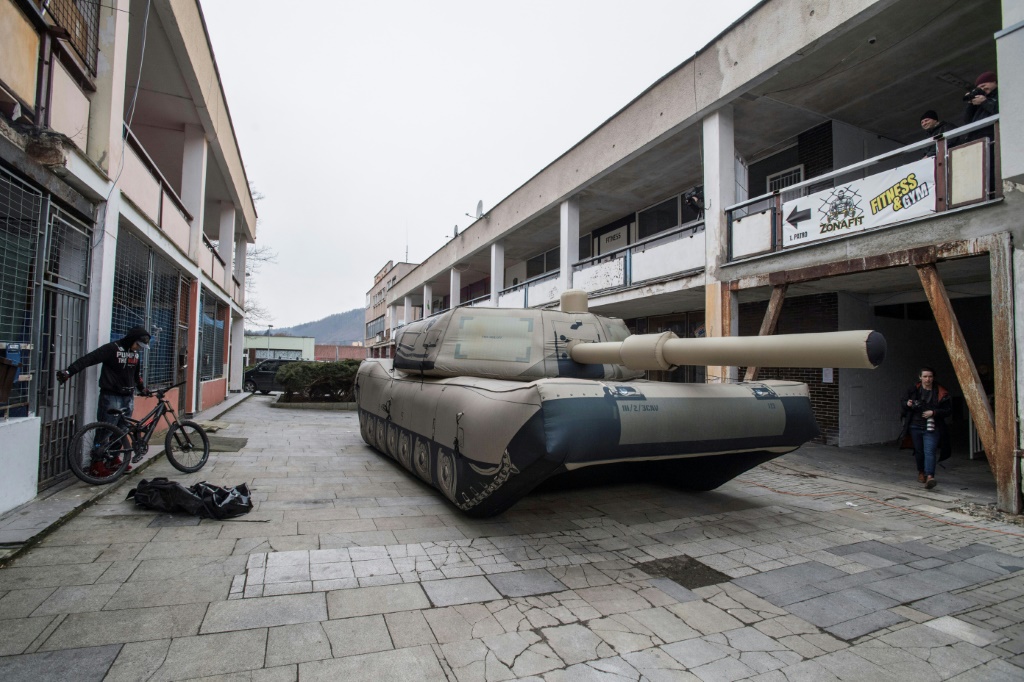 An inflatable Abrams tank decoy on display in Decin on Monday
