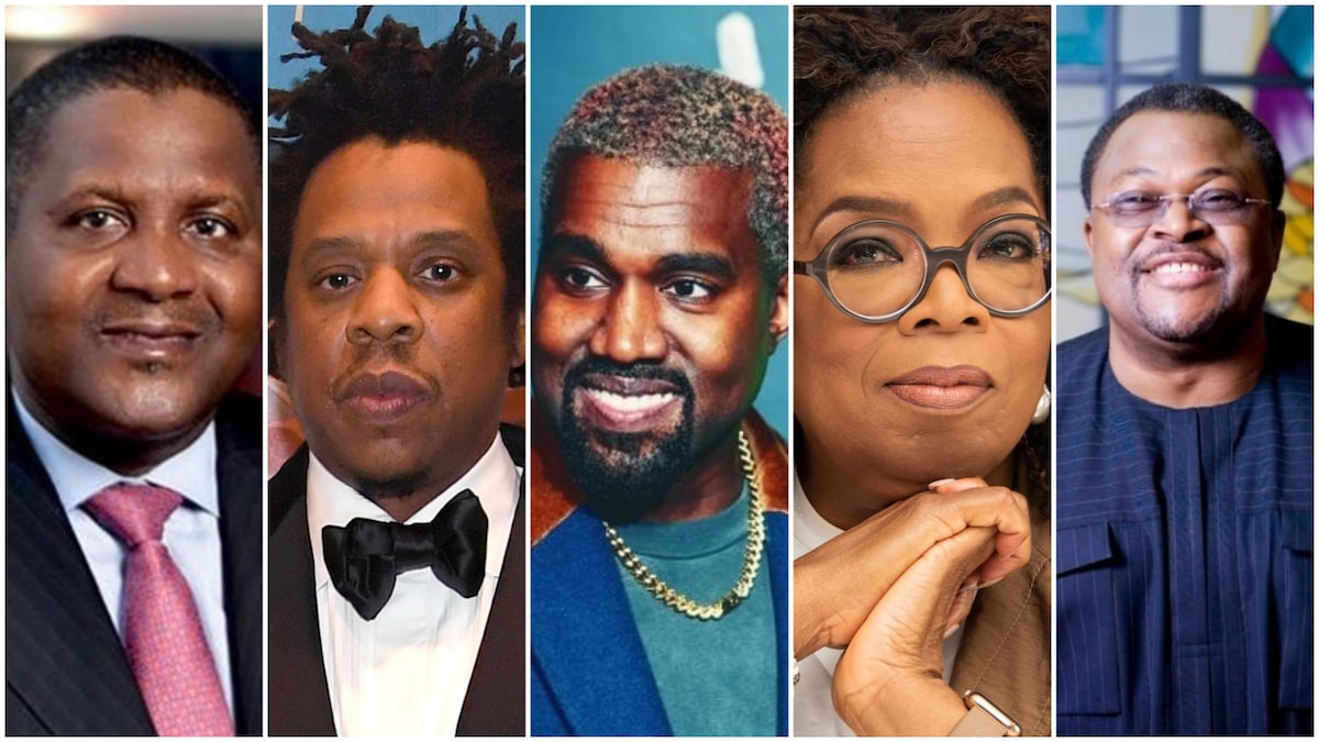 A collage of Dangote, Jay Z, Kanye, Oprah, Adenuga.
