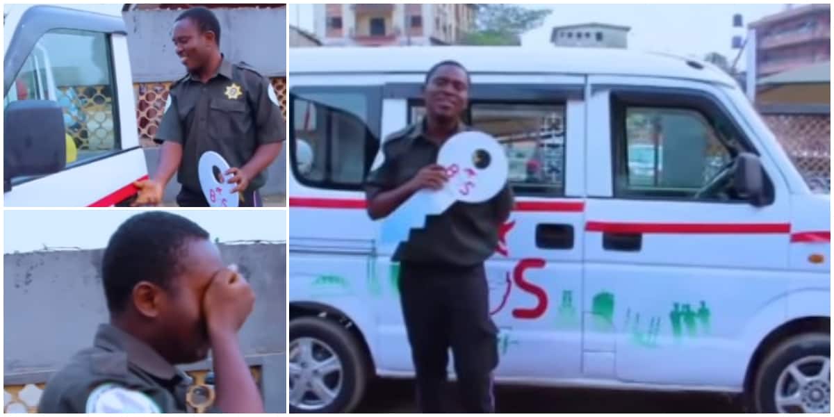 Reactions as security guard acts like a baby after being gifted a new bus in Lagos, video sparks reactions