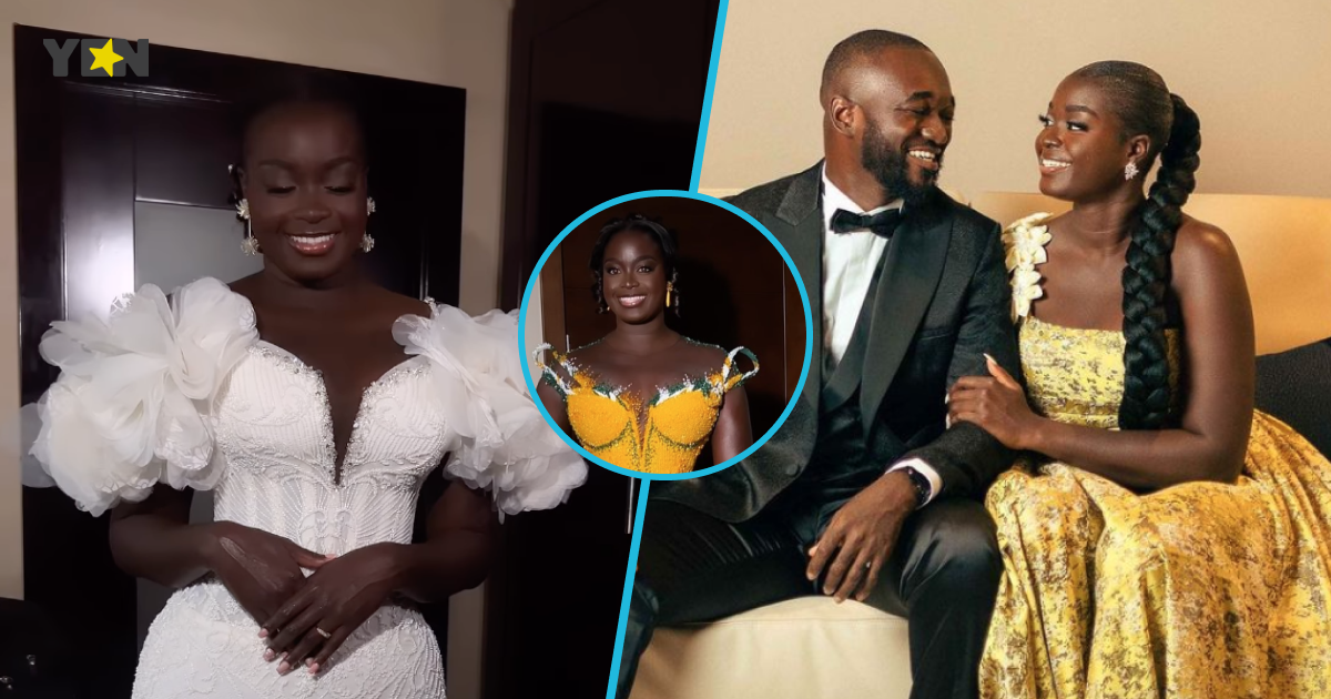 Ghanaian doctor with smooth dark skin rocks stylish kente gown and Barbie hairstyle for her plush wedding