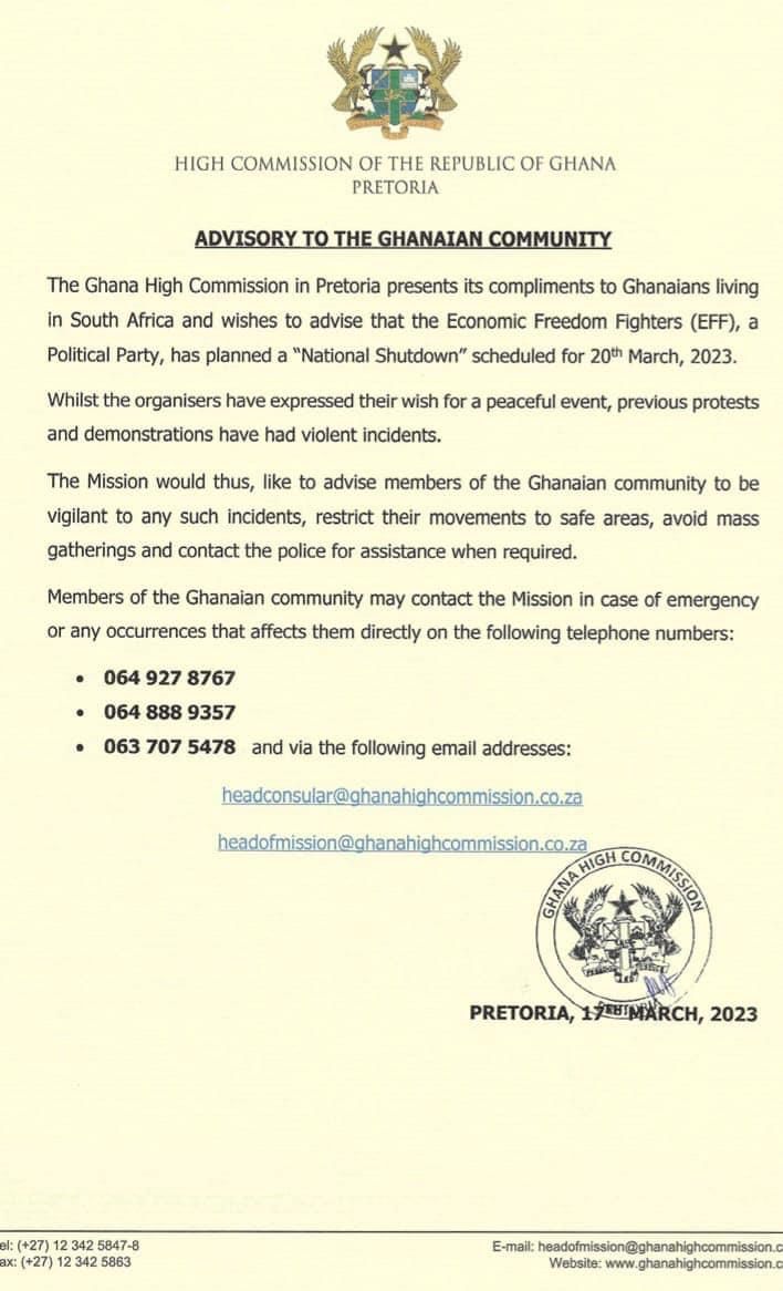 Ghanaians in South Africa have been warned against possible violent attacks as EFF stages a demonstration.