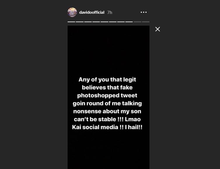 Davido reacts to photoshopped tweet claiming he is not Ifeanyi’s father