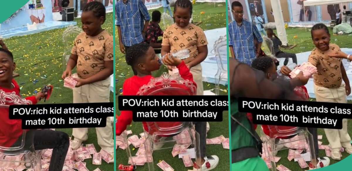 Little boy causes commotion as he rains cash on classmate at birthday party