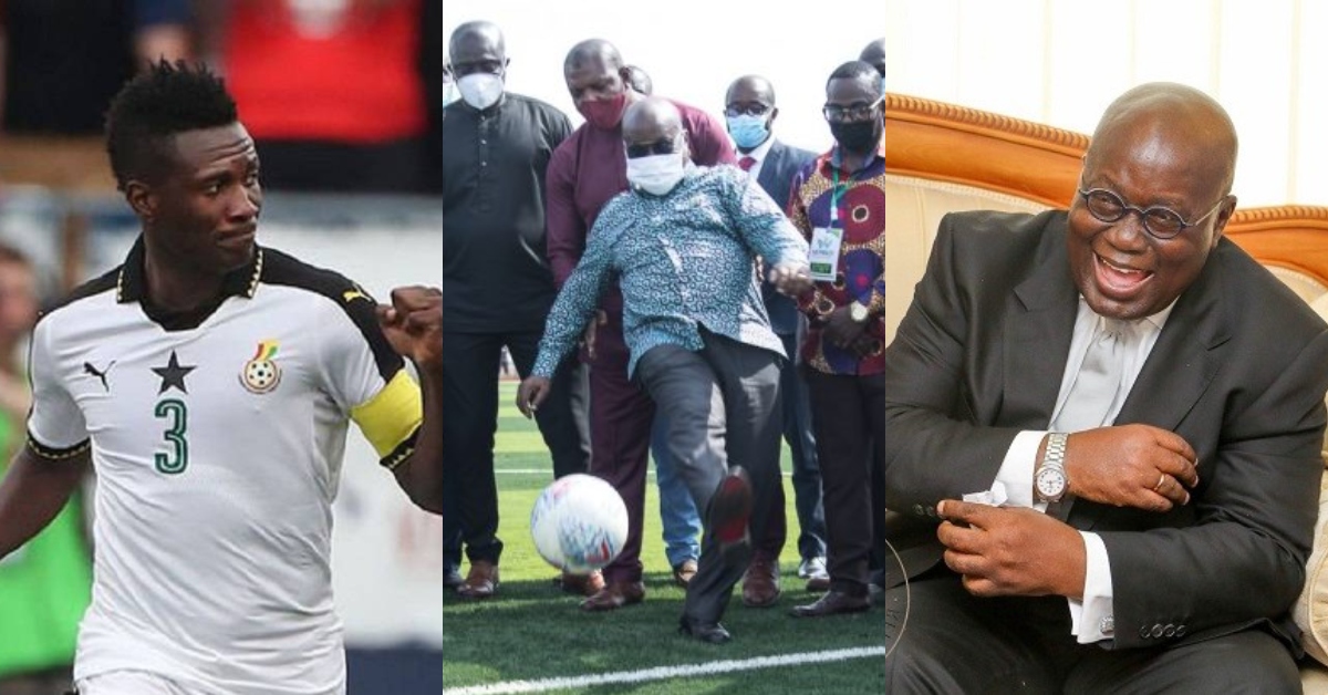 Asamoah Gyan & Nana Addo exchange passes during football pitch inauguration