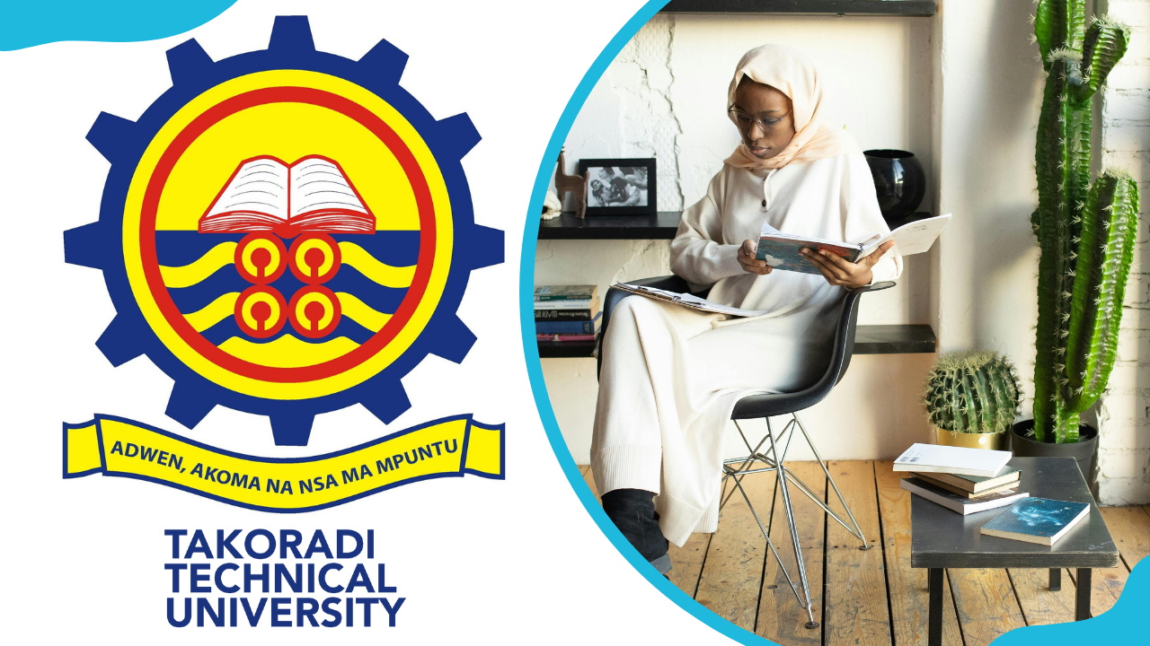 The TTU logo and a Muslim student reading a book
