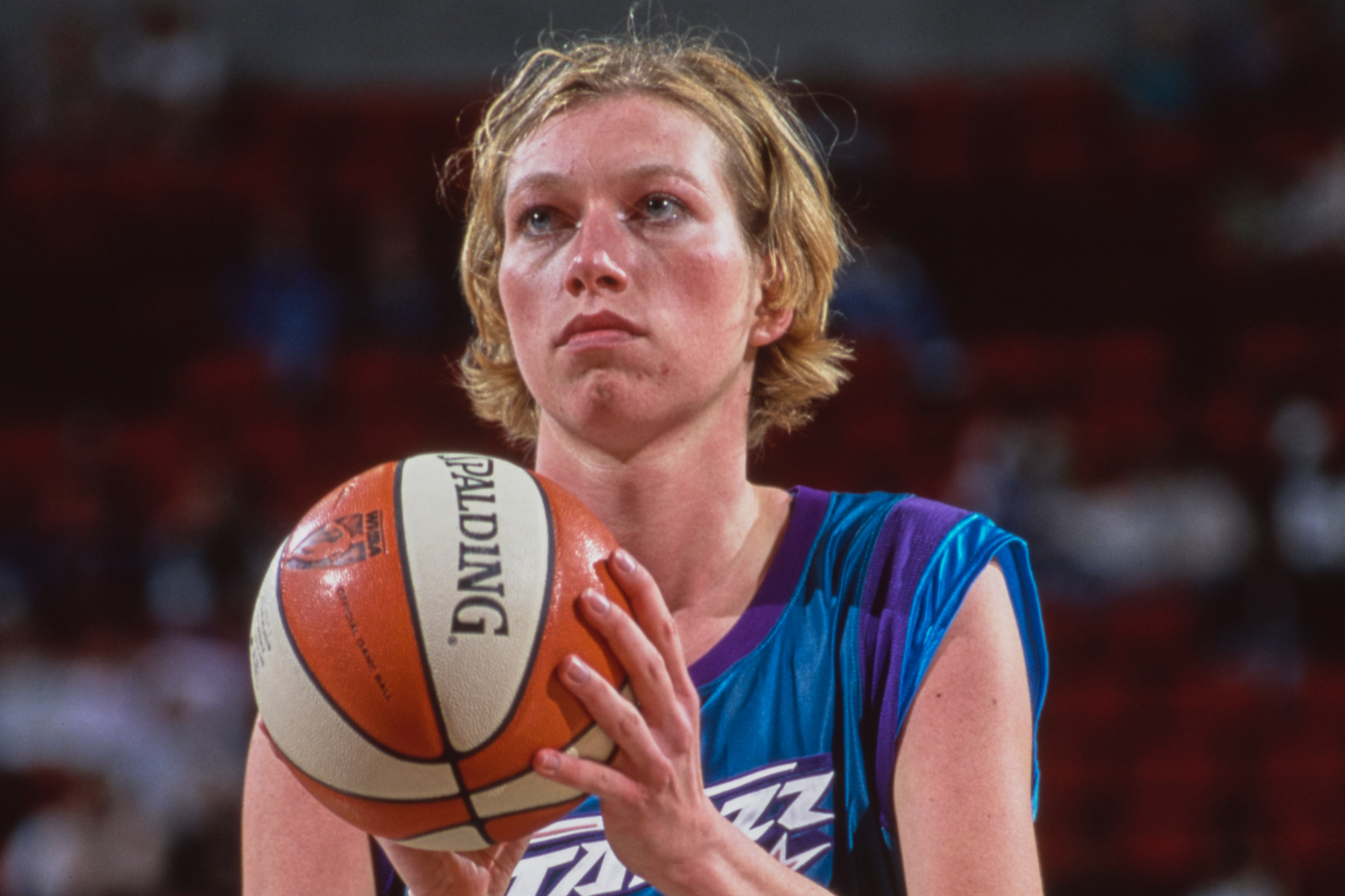 Margo Dydek, #12 Center for the Utah Starzz, prepares to make a free throw during the WNBA Western Conference basketball game against the Seattle Storm