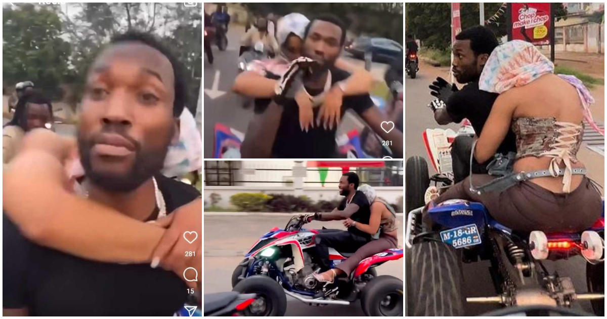Obi serious girlfriend paa: Ghanaians react as 'slay queen' hides her face while riding on bike with Meek Mill (Video)