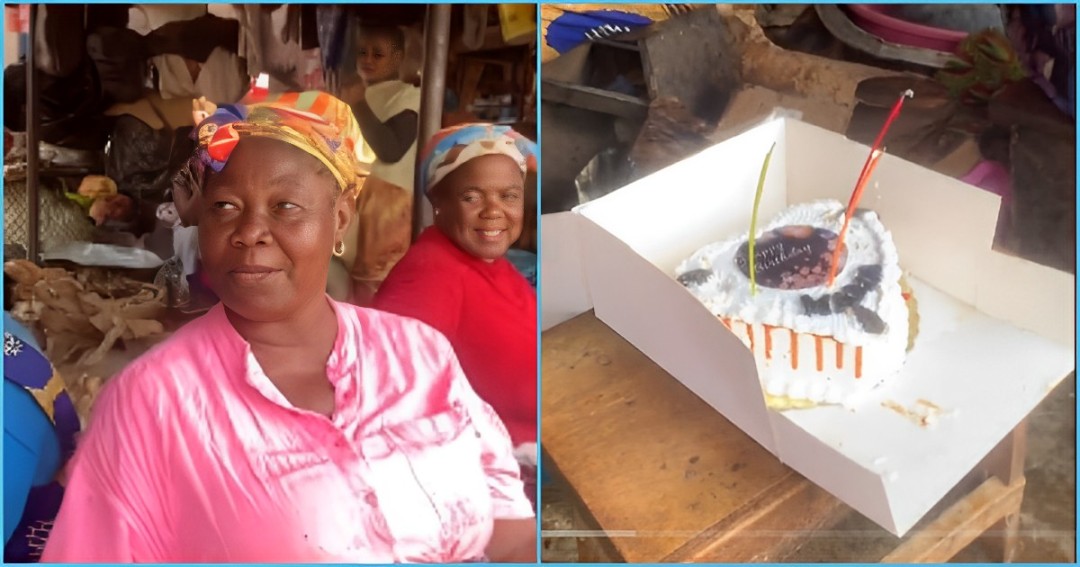 Ghanaian lady storms market, surprises mother with birthday cake: "You made her smile"