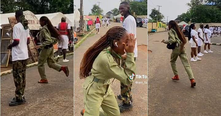 "He's too fine": Pretty corps member dances for soldier at orientation camp, video goes viral