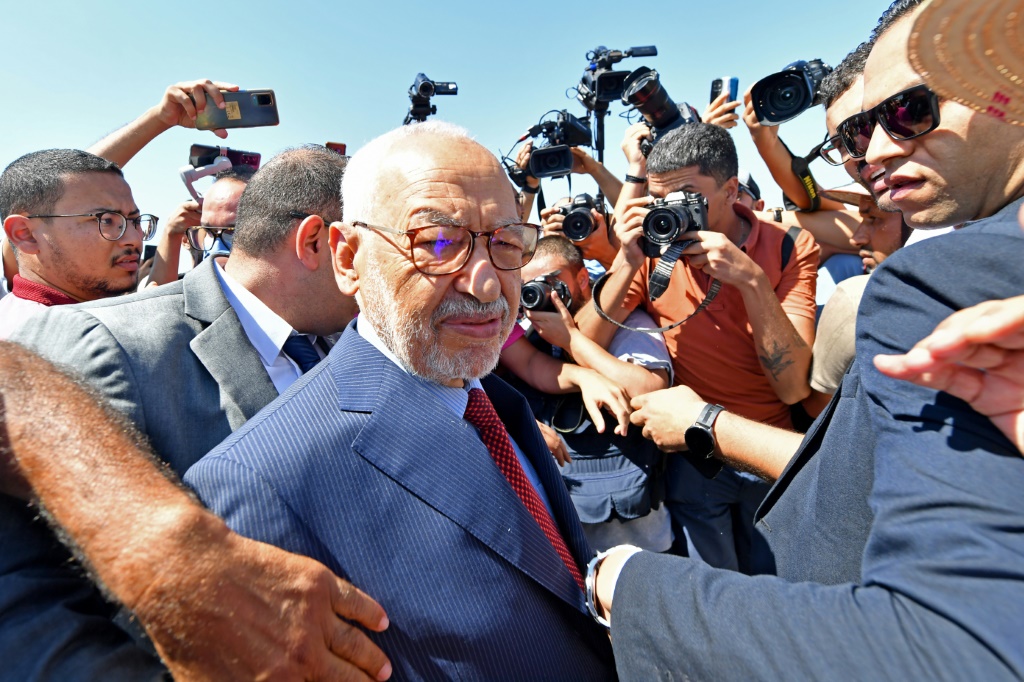 Rached Ghannouchi, head of Tunisia's Islamist Ennahda party, arrives for questioning in July, 2022 in a separate anti-terrorist unit probe