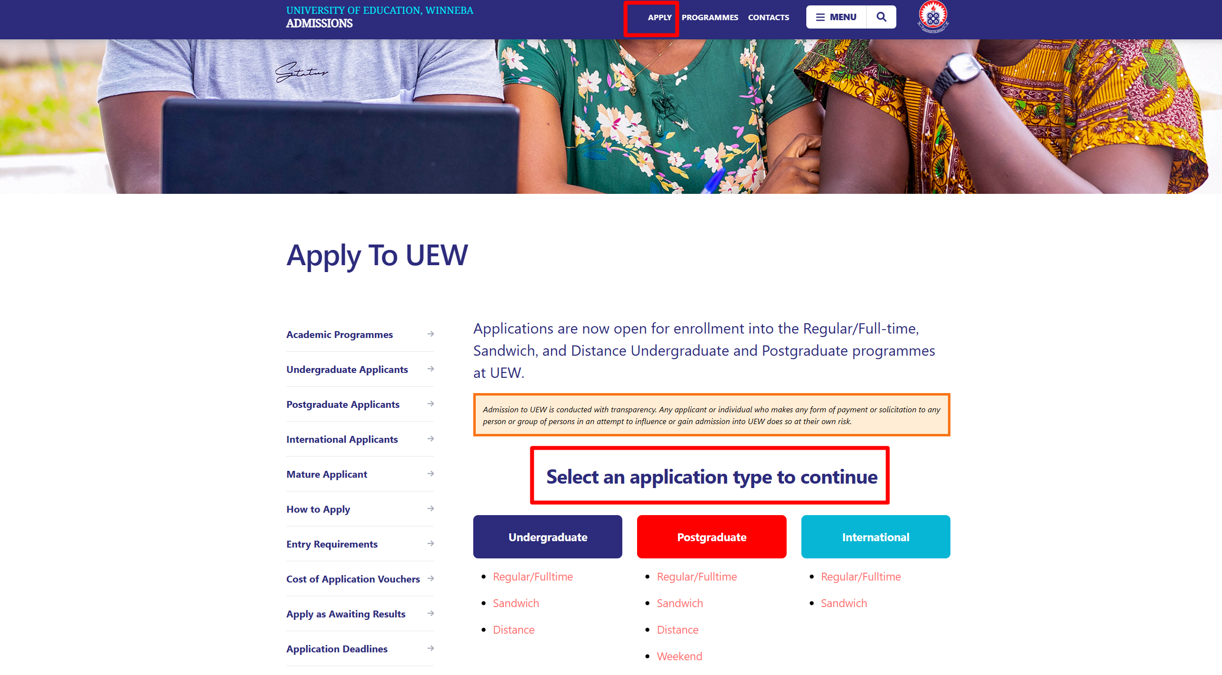 UEW admission page