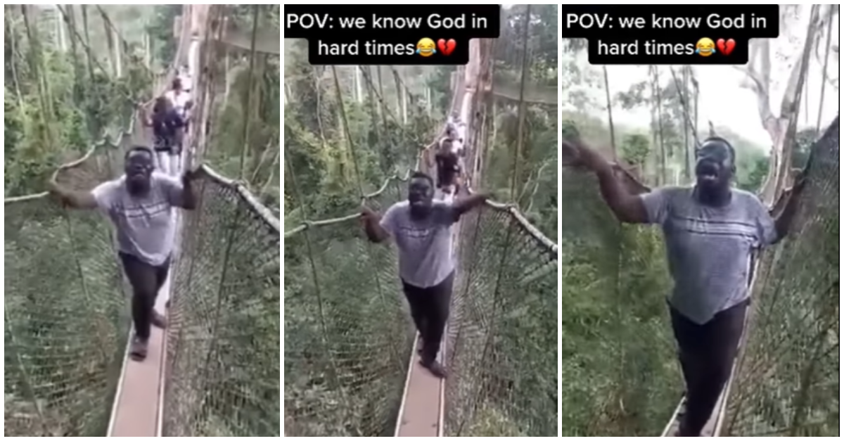 Young man cries out loud as he walks on a canopy