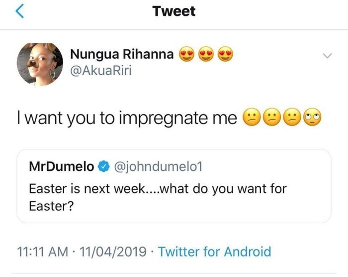 Lady asks Dumelo to impregnate her as Easter Gift