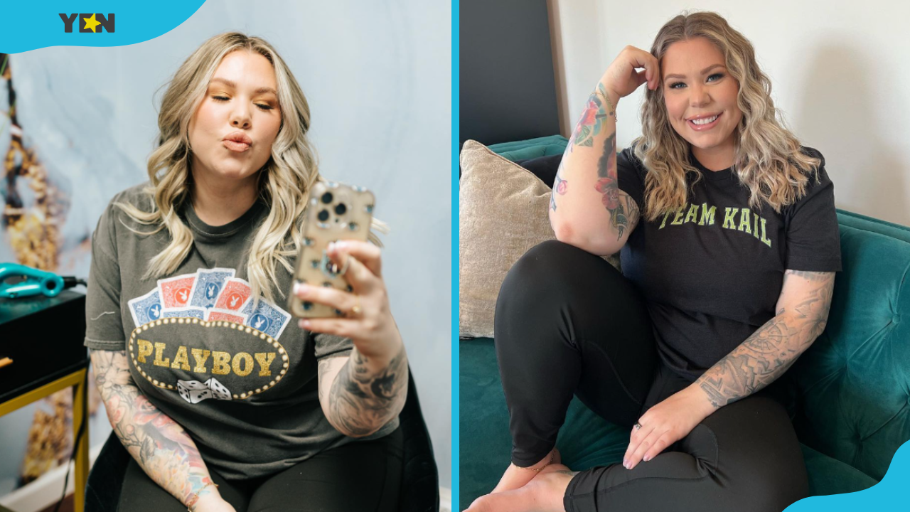 Kailyn Lowry taking a selfie with her mouth pouted (L) and posing for a photo on a green couch (R)
