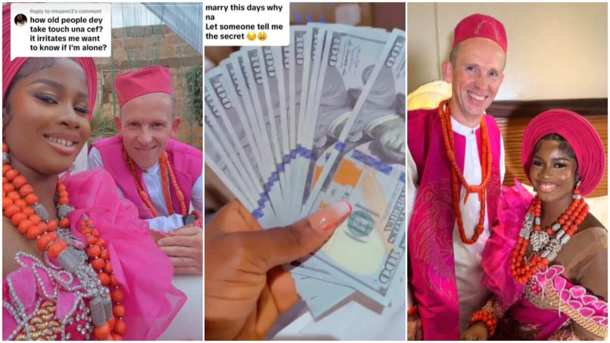 Nigerian lady flaunts many dollars after marrying older oyinbo man, shows she's happy in marriage