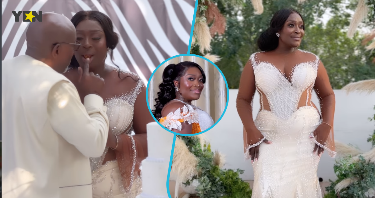 Ghanaian bride looks elegant in stunning white kente gown as she marries a wealthy older man