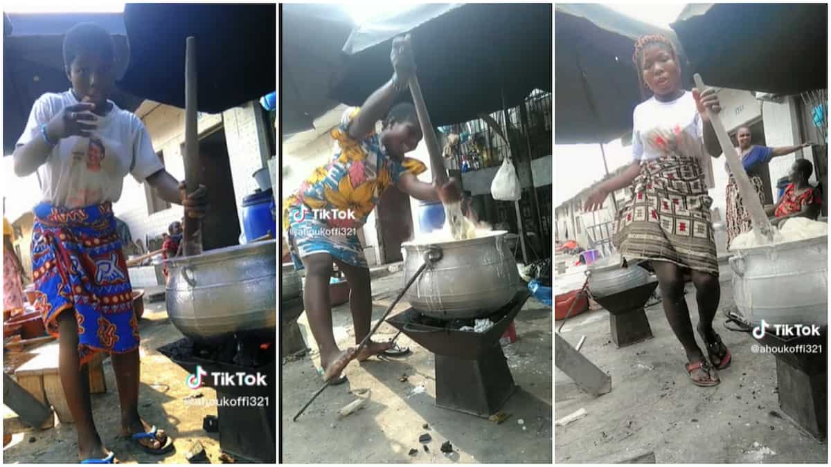 Lady making fufu/lady danced and cooked.