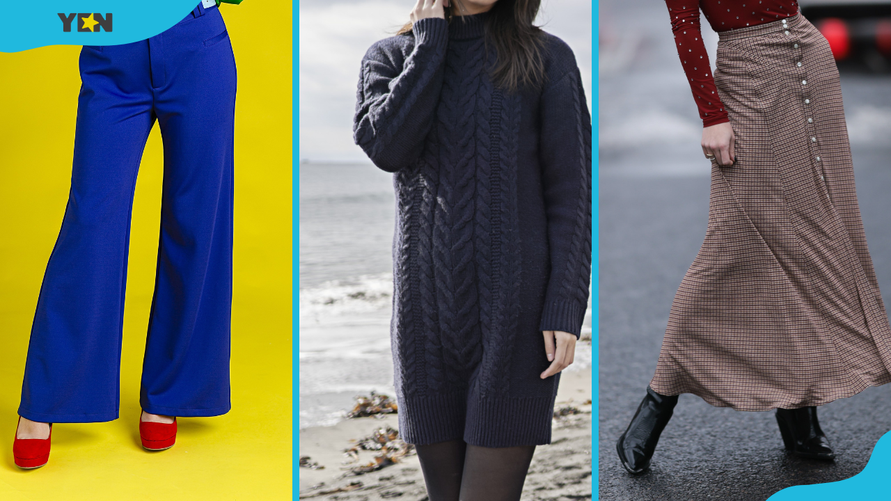 Bluebell bottom pants (L), grey knitted dress (C), and high waist long skirt (R)