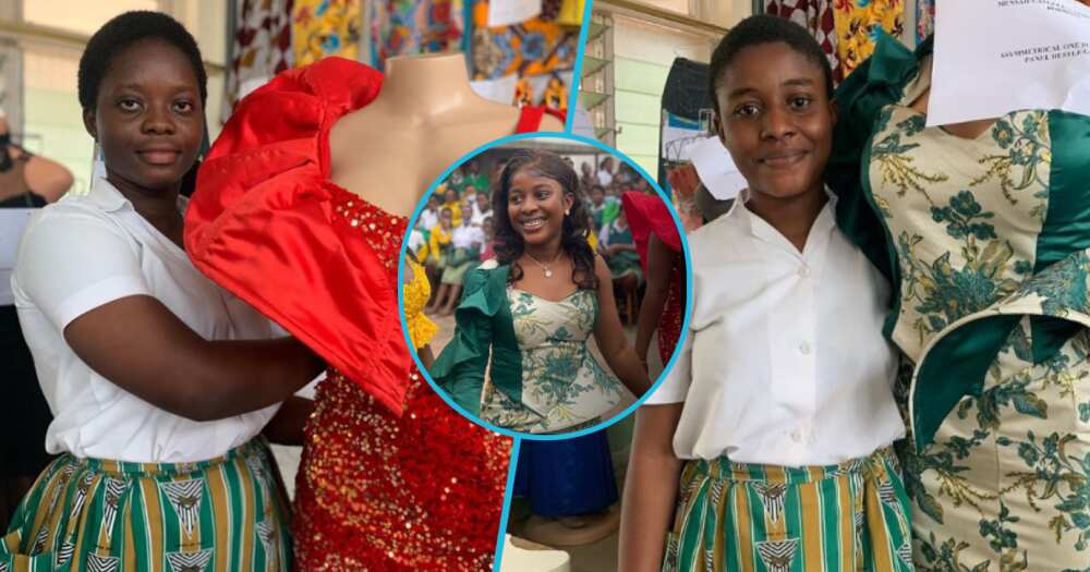 Photos of Aburi Girls' Senior High School students and their designs.