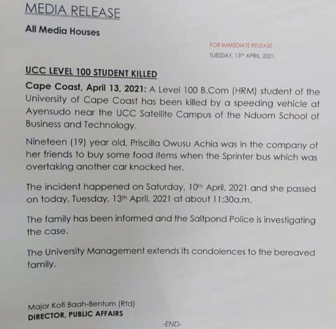 UCC Student Priscilla Owusu Achiaa Passes Away In Bizzare Accident; Sad Details Drop