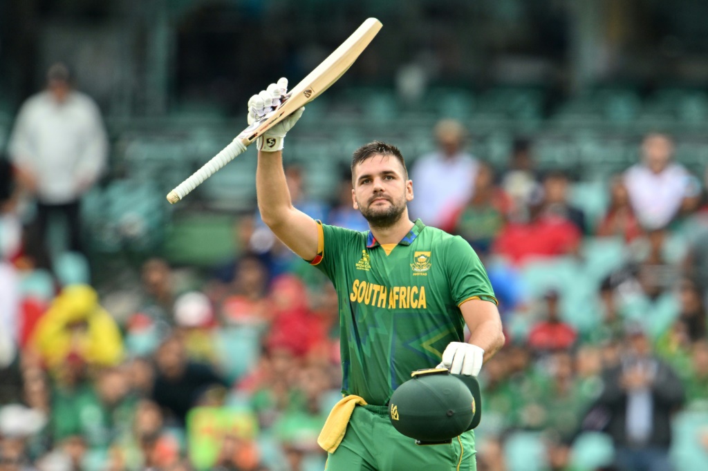 South Africa's Rilee Rossouw celebrates reaching his century