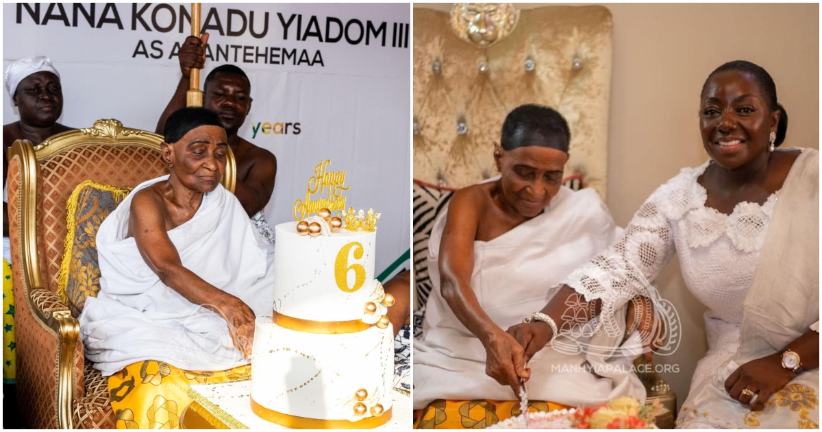 Photo of Asantehemaa and Otumfuo's wife cutting cake