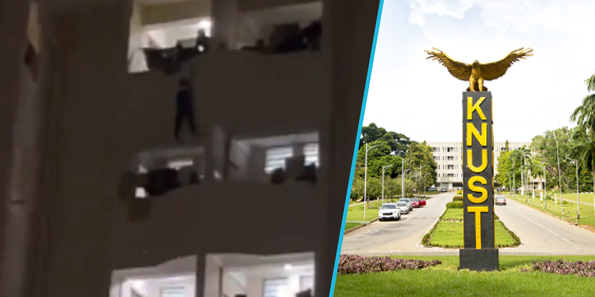Photo shows male student attempting to fall off high-rise building.