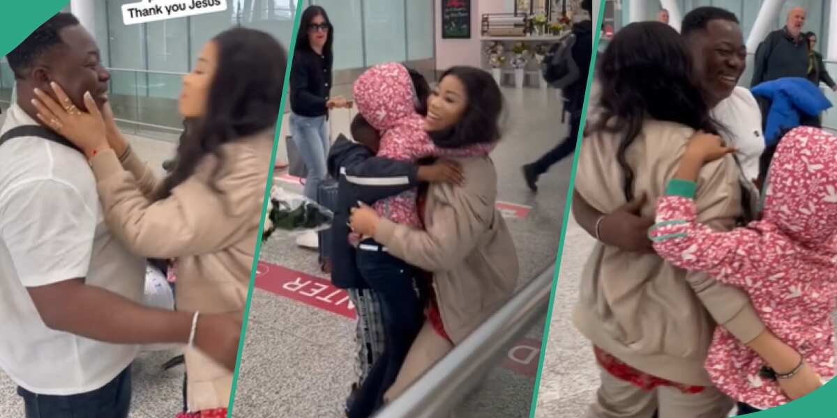 Wife in Canada kneels in joy as husband & 3 children join her abroad, they hug at airport