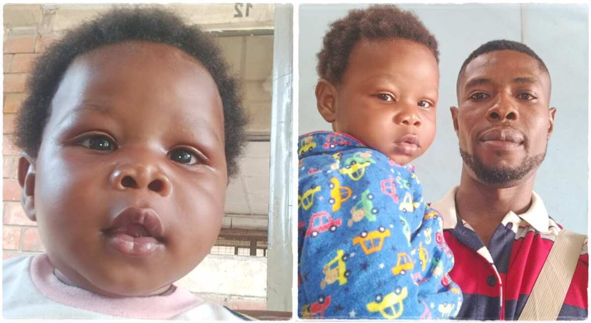 Photos of baby Chinedu and his father.