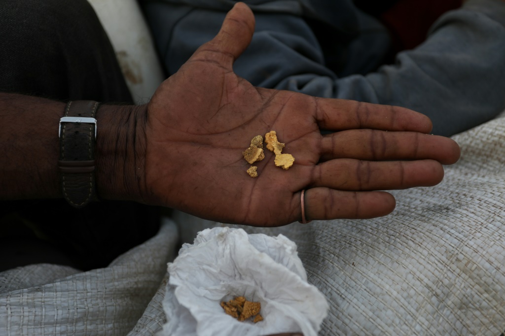 An alleged illegal miner shows a few grams of gold at an illegal mining area inside Yanomami indigenous land