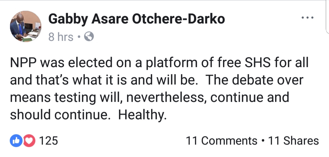 Gabby Otchere-Darko posted a reply to Ken Ofori-Atta's call for the review of the free SHS on Facebook.