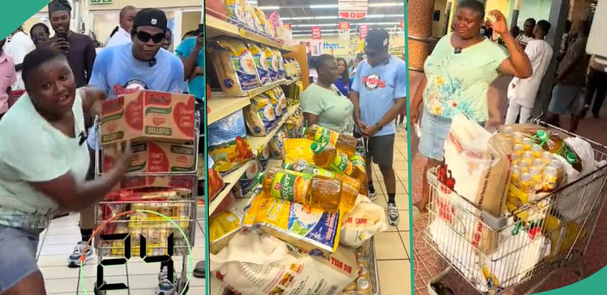 Fast Naija lady carries bags of rice, spaghetti, groundnut oil during free shopping at supermarket