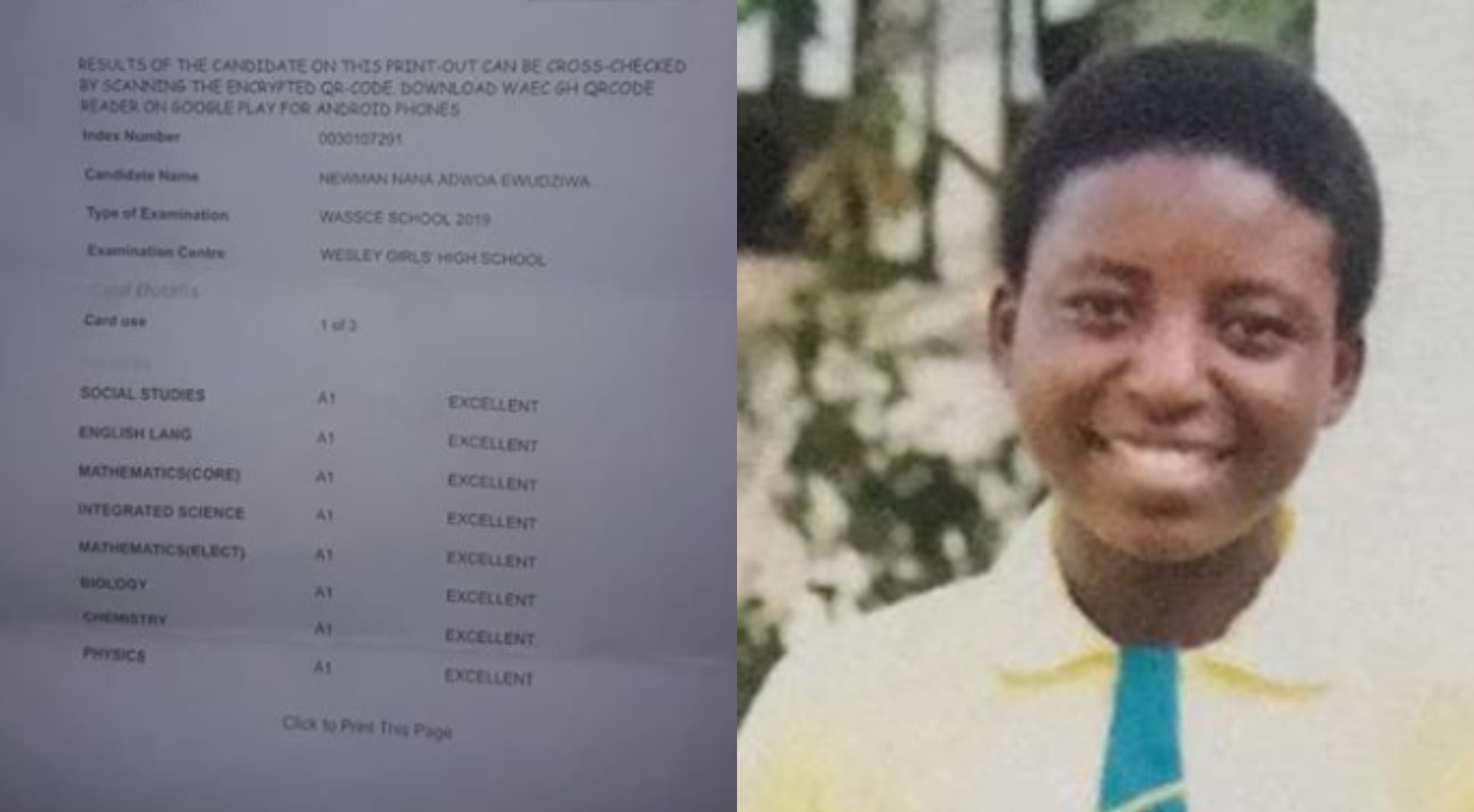 Brilliant Wesley Girls' High School student blows exams with all As in WASSCE